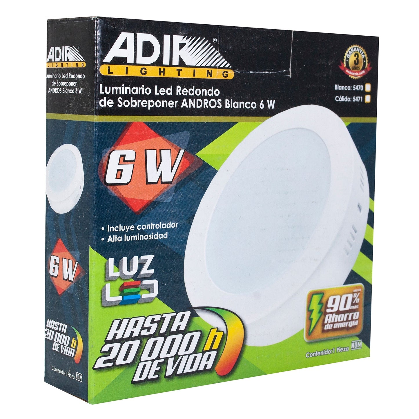 Luminario Adir Redondo Sobreponer 6 Watts Calido