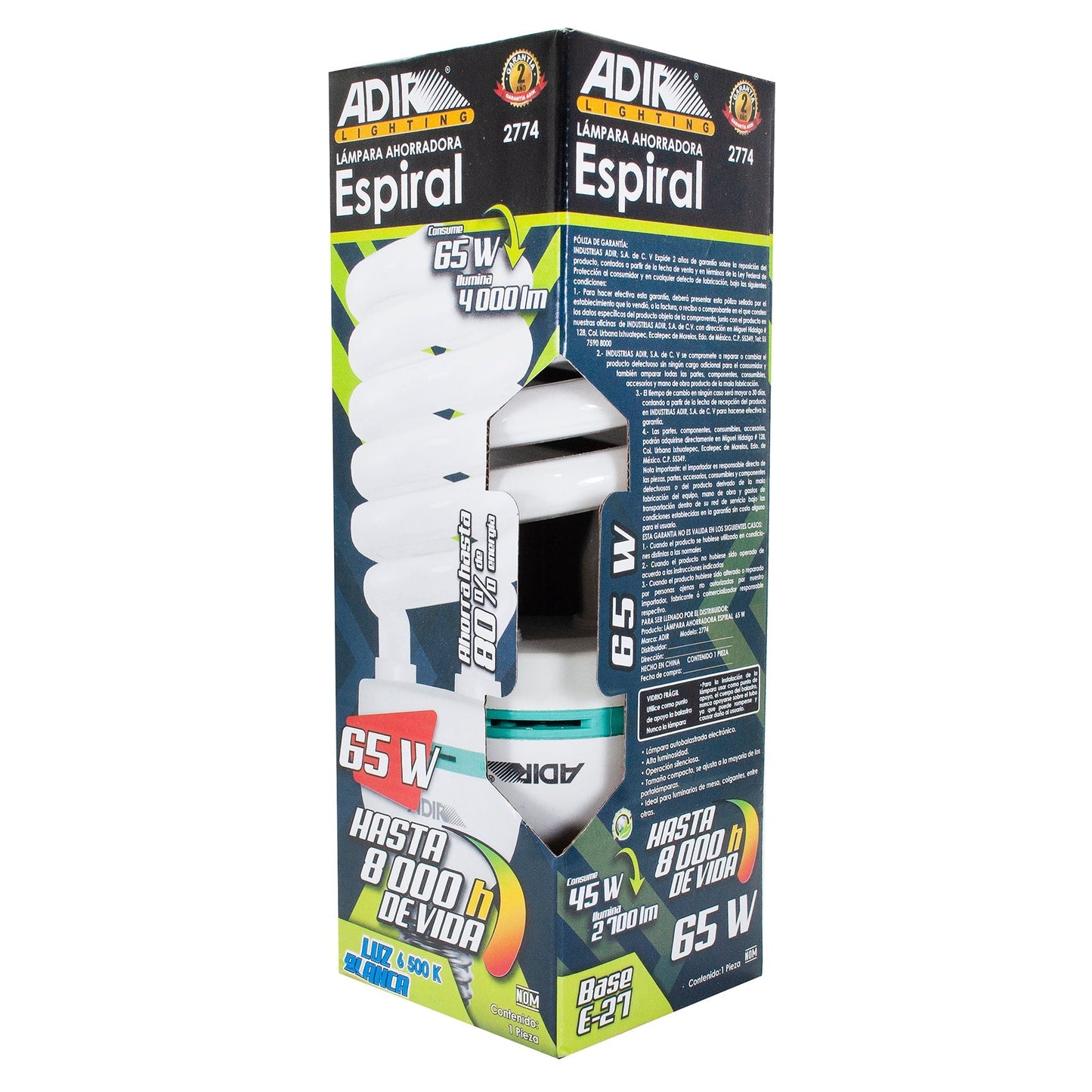 Foco Adir Ahorrador Espiral E27 65 Watts. Bco.