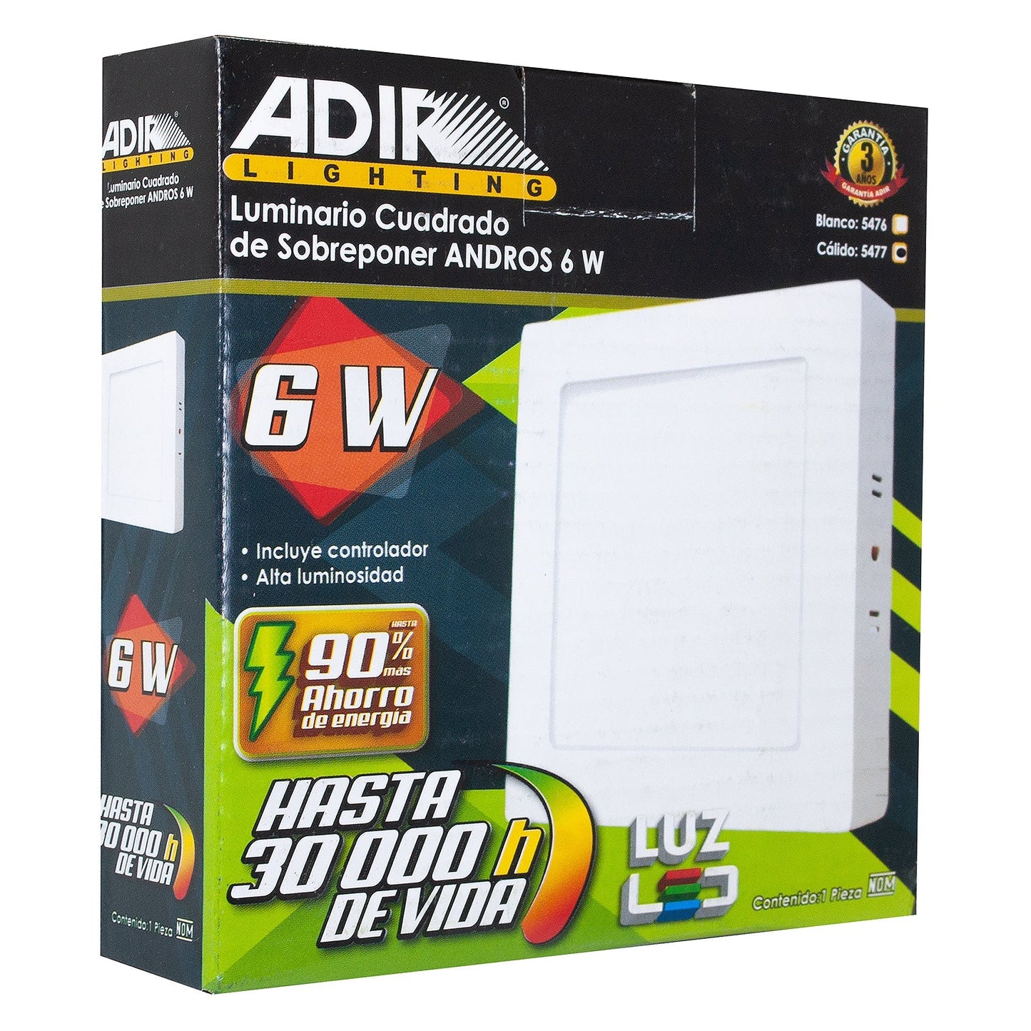 Luminario Adir Cuadrado Sobreponer 6 Watts Calido