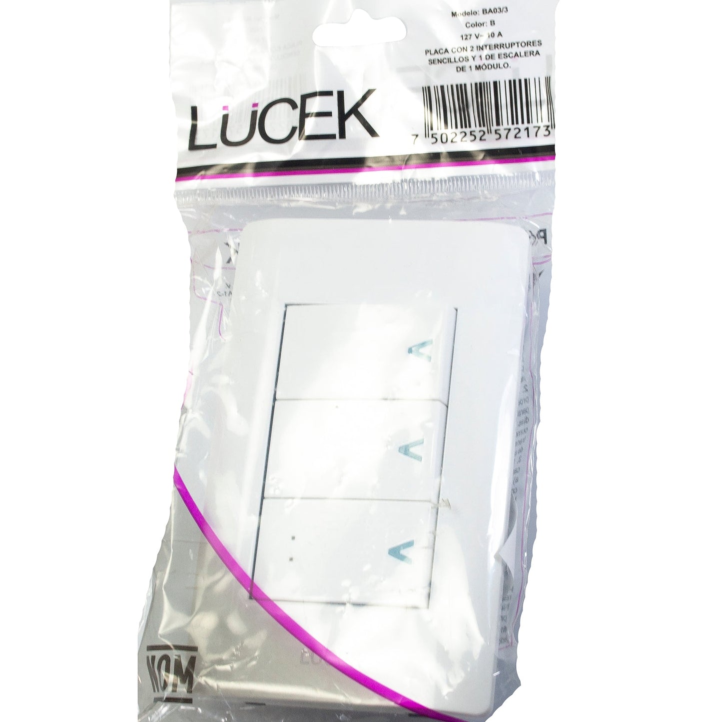 Placa Lucek c/2 apagadores sencillos y 1 escalera blanco