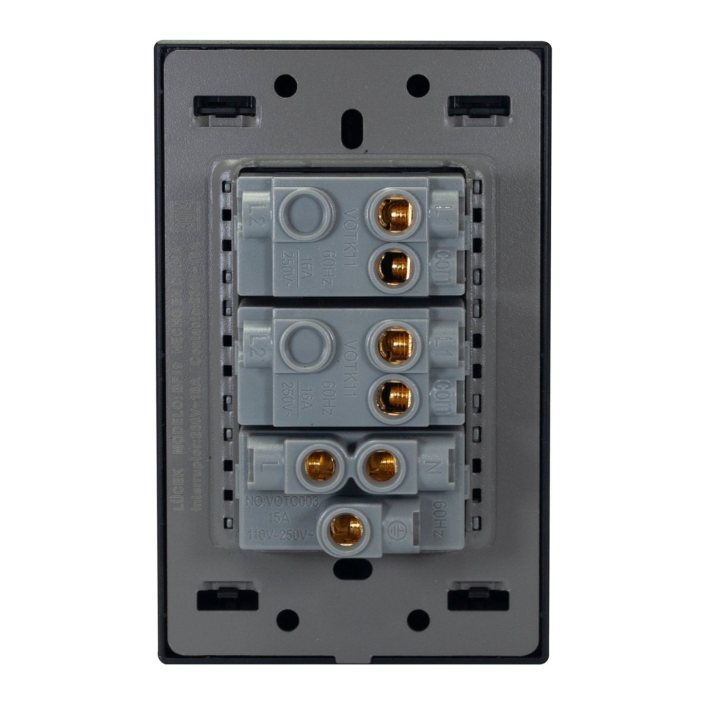 PLACA LUCEK FLAT 2 APAGADORES SENCILLOS 1 CONTACTO NEGRA