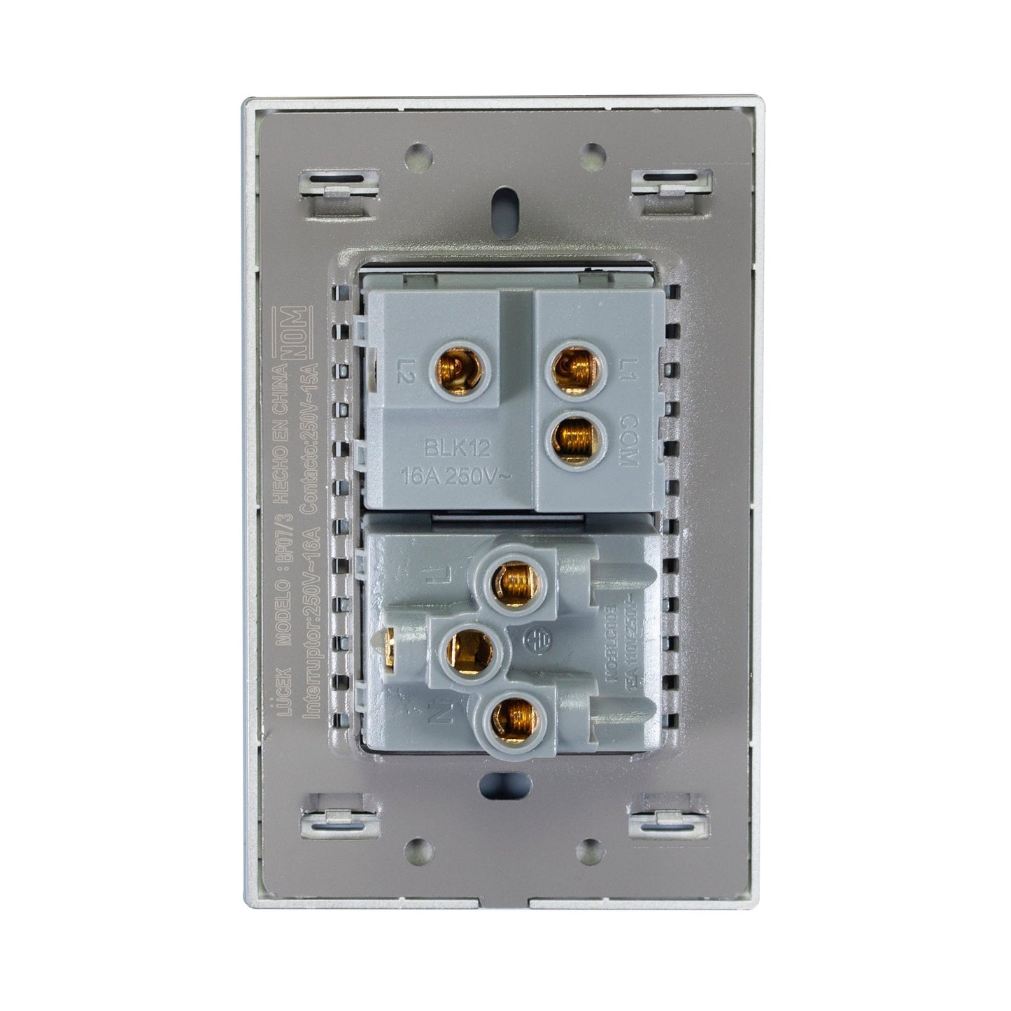 Placa Lucek 1 apagador escalera y 1 contacto de 15 Módulos