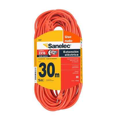 Extensión Sanelec 30 mts 2 x16 uso rudo naranja