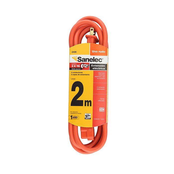 Extensión Sanelec 2 mts 2 x16 uso rudo naranja
